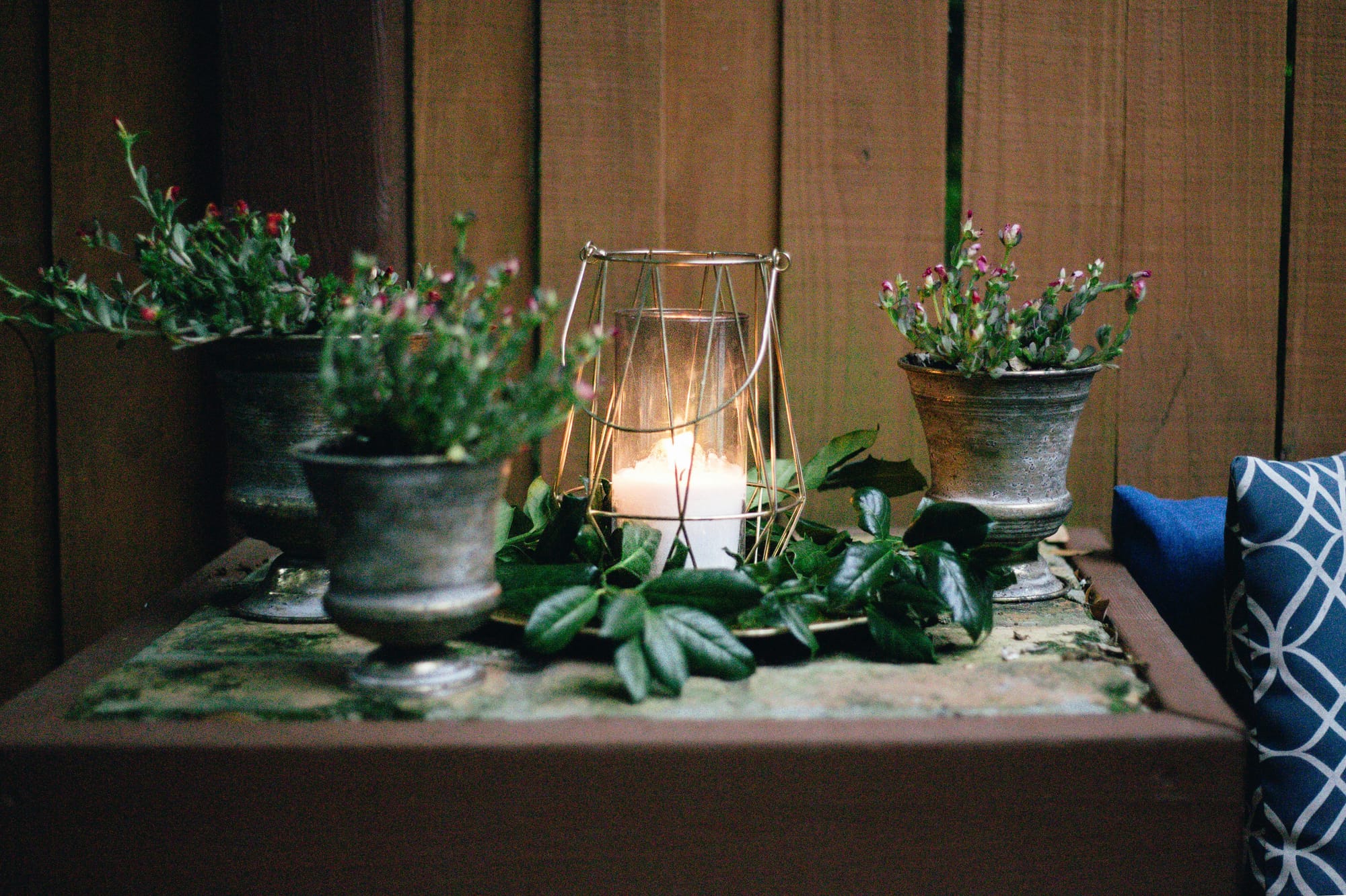 Various green herbs and a candle on a bench
