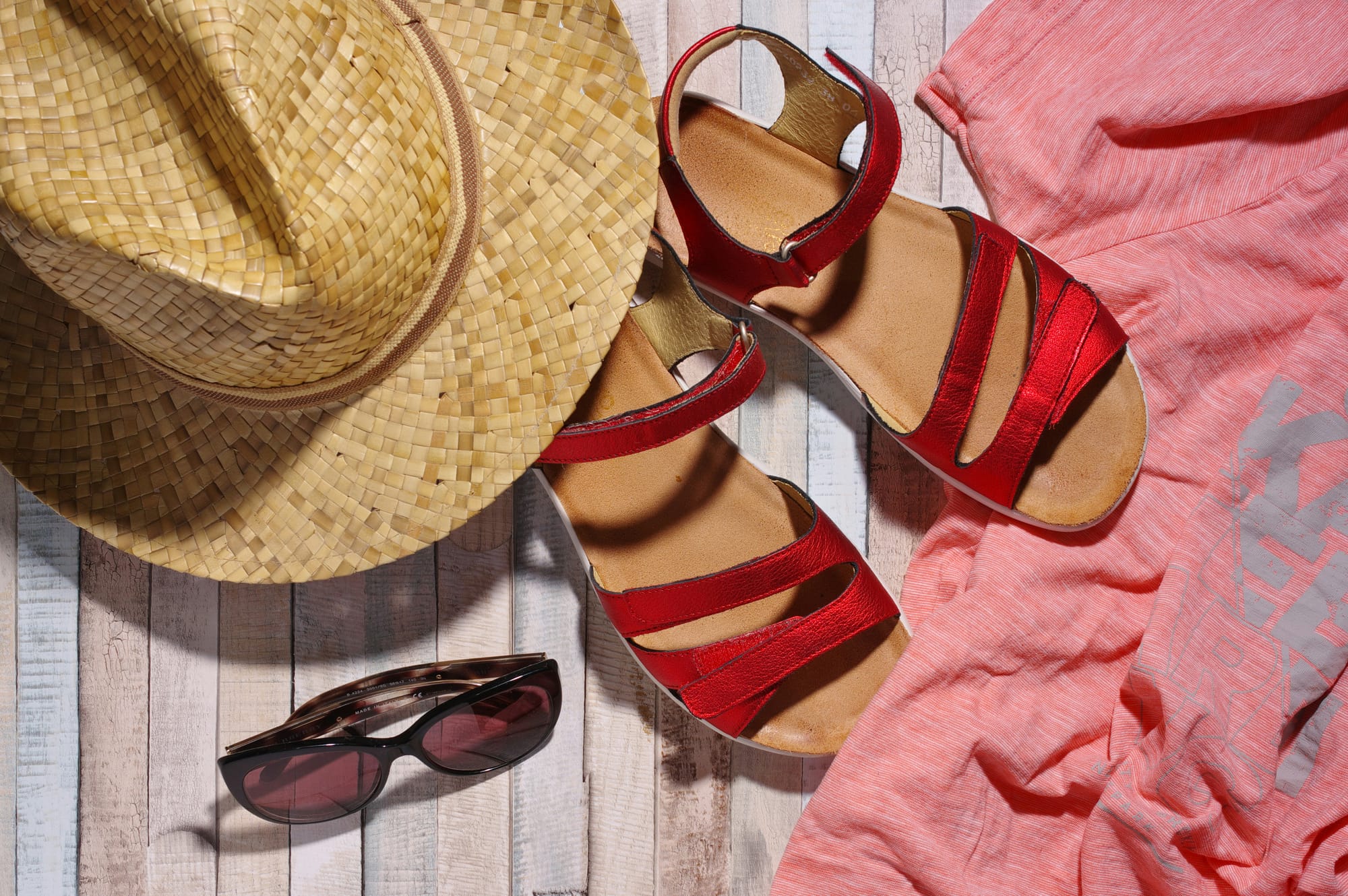 Hat, sandals, t-shirt, sunglasses - summer essentials